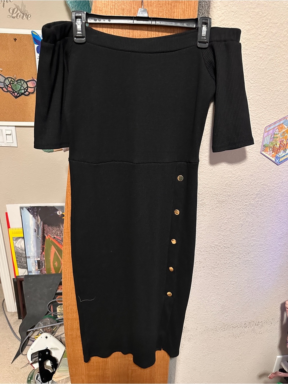 Olivia Rose Off-Shoulder Black Knit Midi Dress with Gold Button Detail Womens L